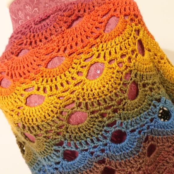 Hand Crocheted Virus Shawl in Fall Rainbow Colors M/L - Picture 3 of 5